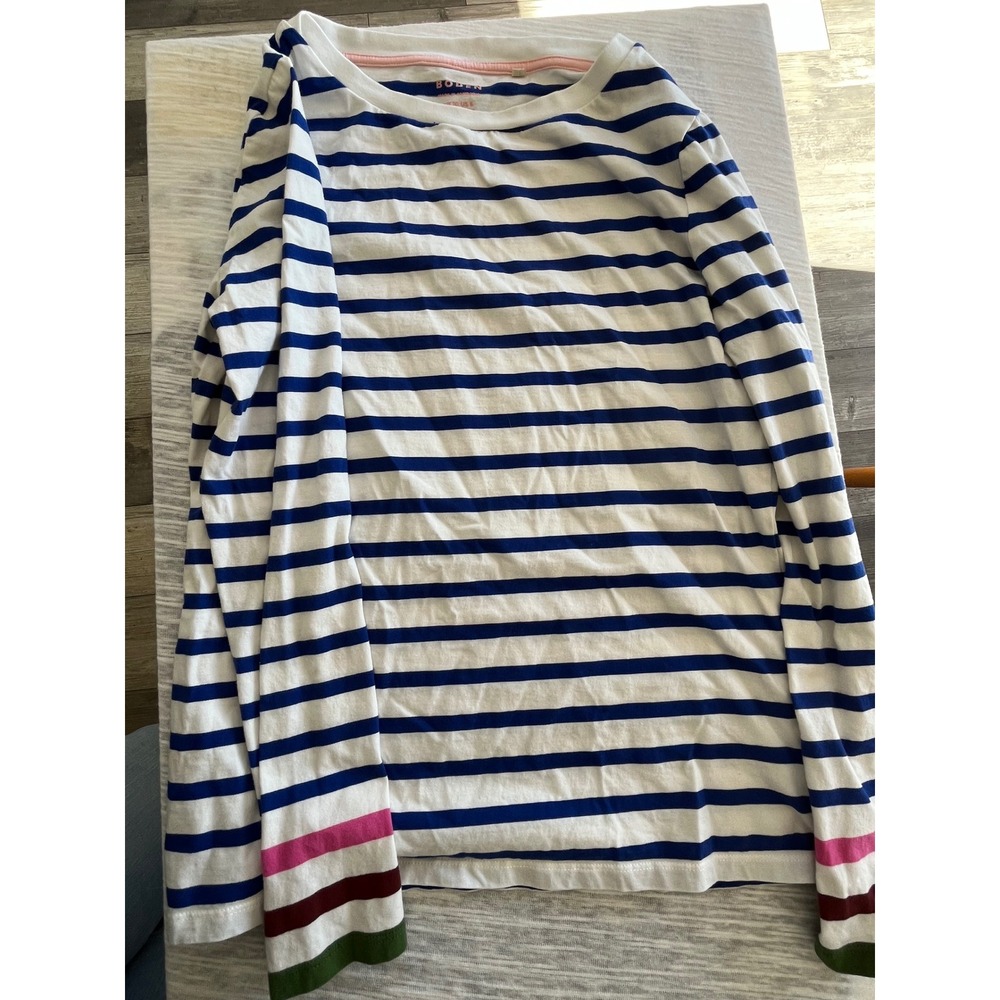 BODEN Striped Long Sleeve Top White Blue Pink Green Trim Women's‎ UK 10 US 6